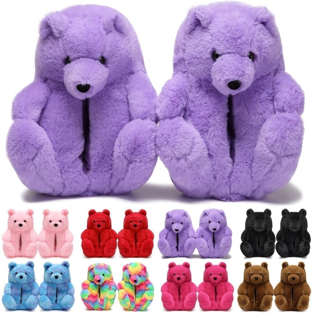 Women's Cute Fuzzy Purple Teddy Bear Slippers Cozy Cartoon Indoor Shoes